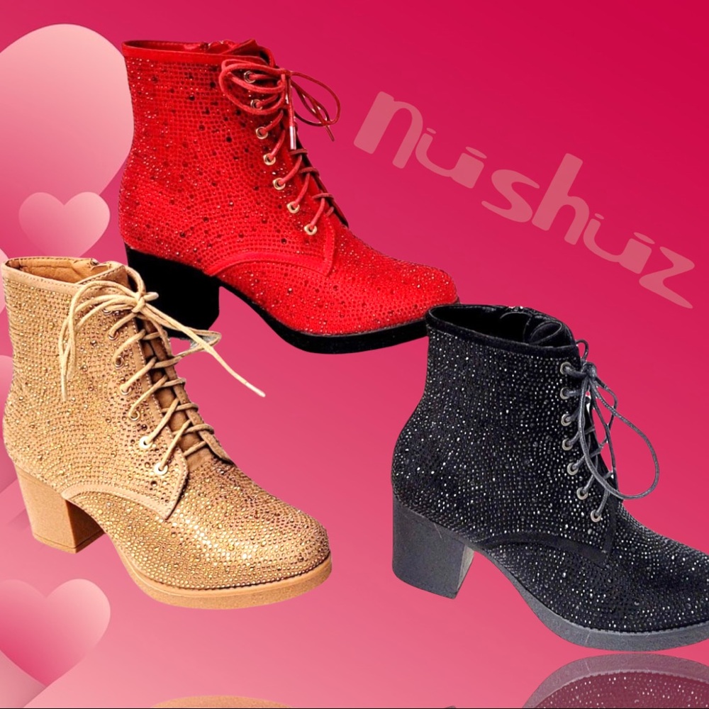 Last Pair! Italina Red Metallic Glitter Rhinestone Embellished Combat Booties - Picture 2 of 6